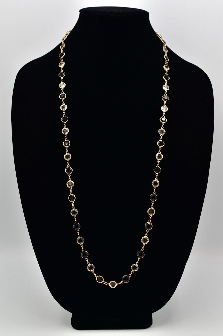 Austrian USA Crystal Open Bezel Necklace Black White Gold Signed 1980s BinBL